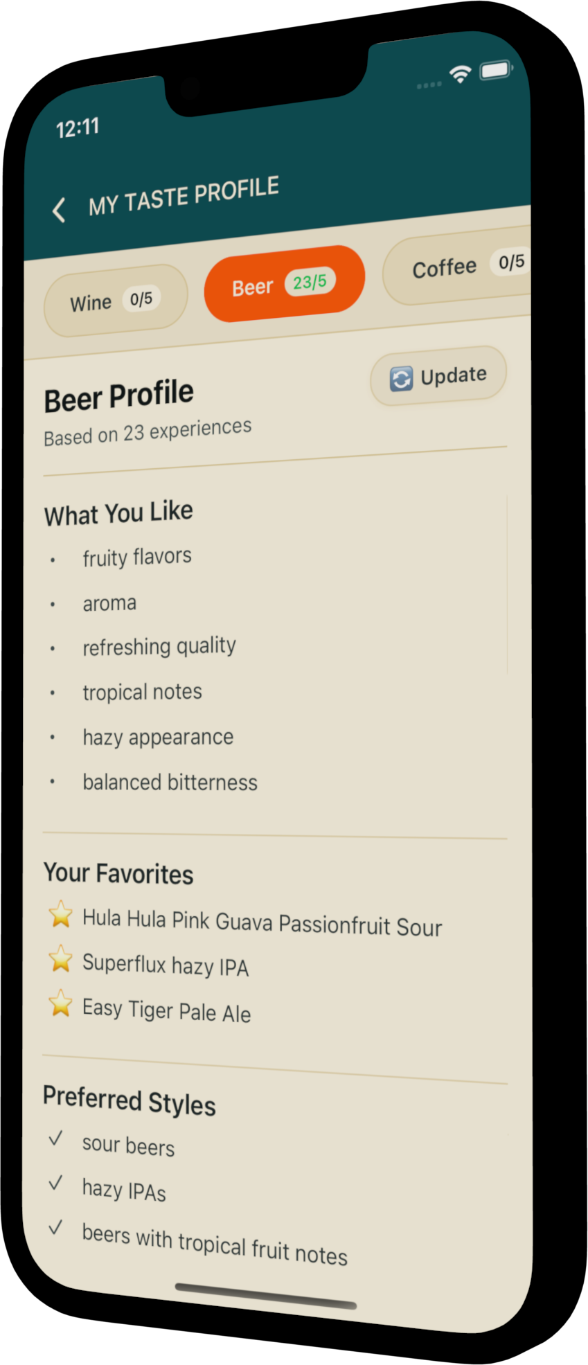 CrumbTrail app showing taste profile with beer preferences and favorites