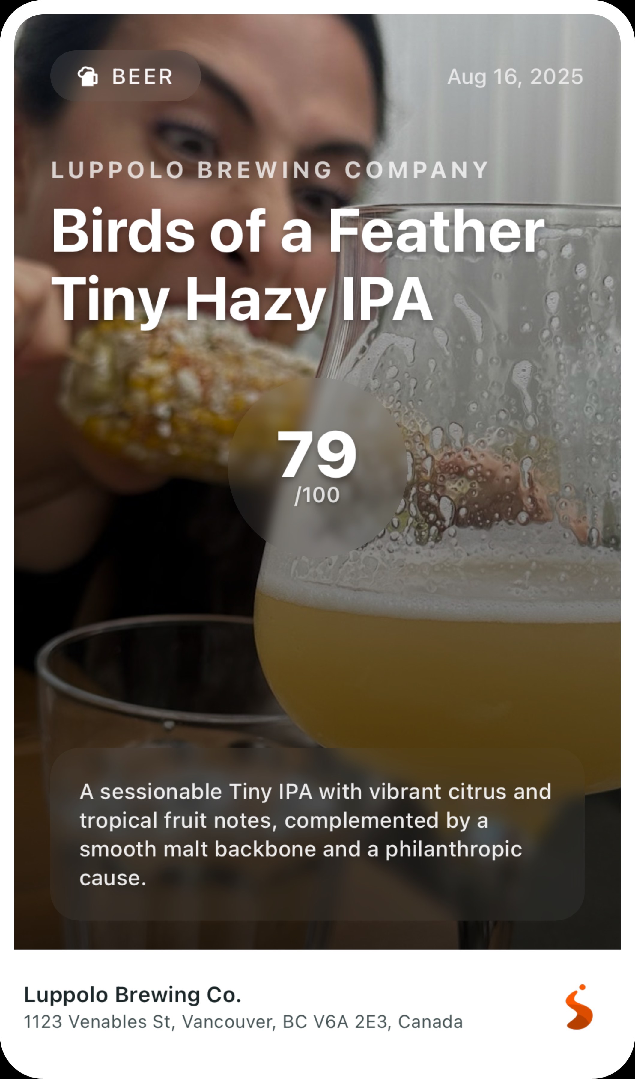 Beer experience card showing IPA rating
