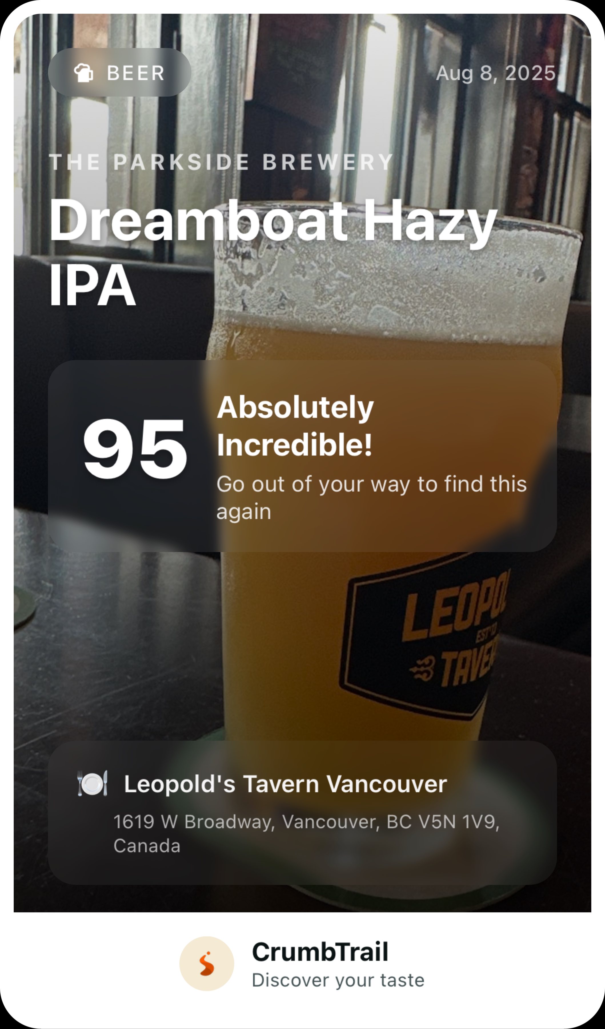 Beer experience card showing highly rated IPA