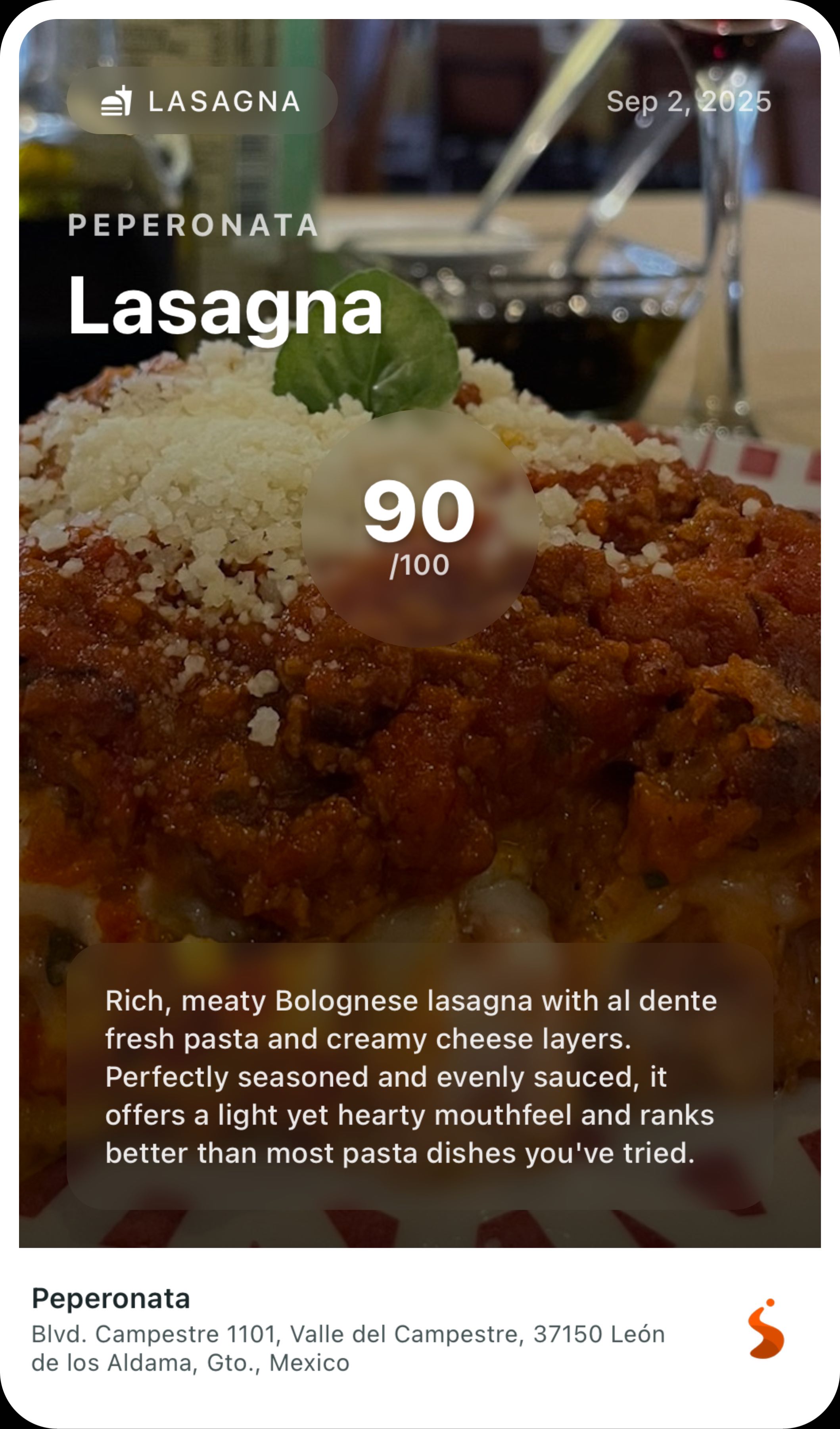 Food experience card showing lasagna rating